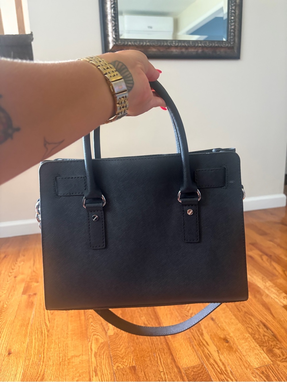 Michael Kors Black Studded Saffiano Satchel with Chain Trim - Picture 2 of 3